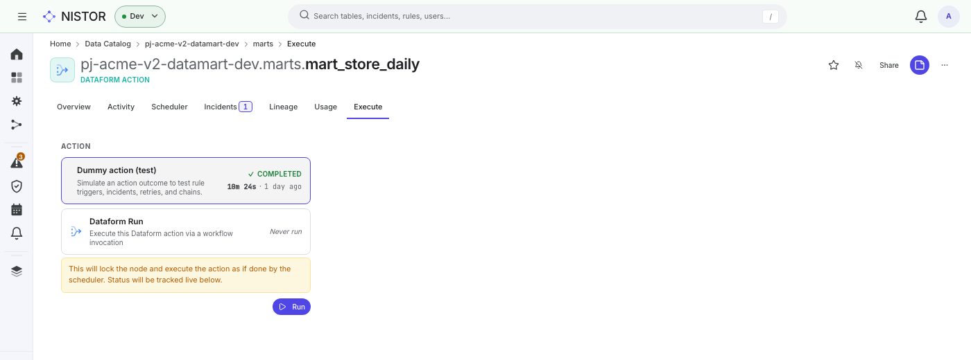The Execute tab of mart_store_daily, with the dummy action and the Dataform run