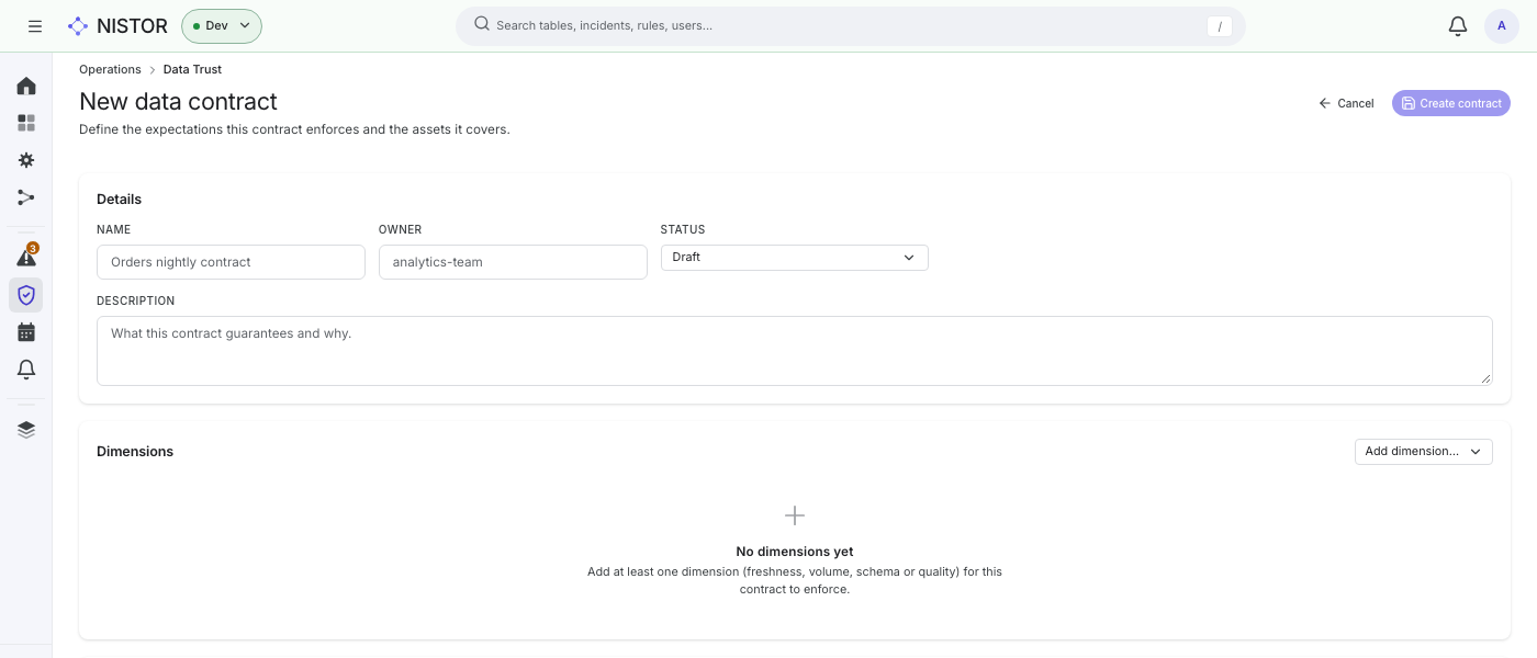 The New data contract form, with its Details, Dimensions and Assets covered sections