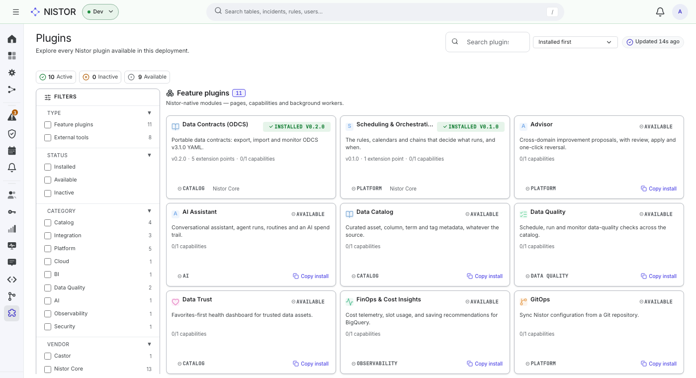 The Plugins page, with the feature plugins this deployment runs and the ones it could add