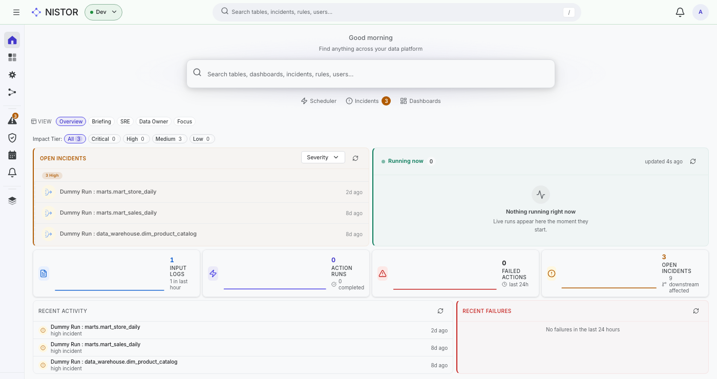 The Nistor home page: the header, the icon sidebar, the search box and the open incidents